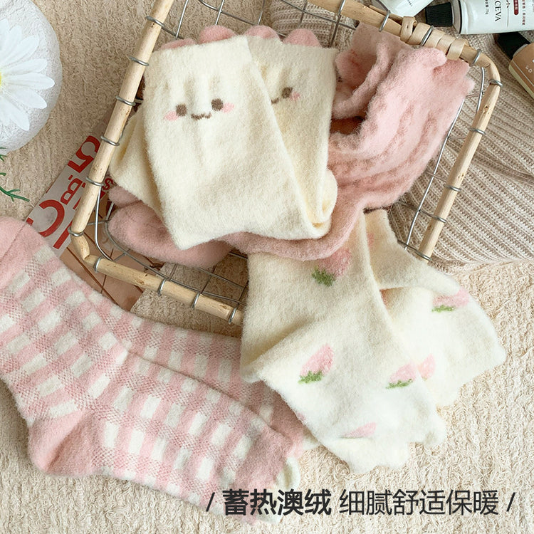 女襪|毛絨襪子女秋冬季日系可愛蓄熱月子襪加絨加厚居家保暖睡眠中筒襪「XC2160」24.11-1
