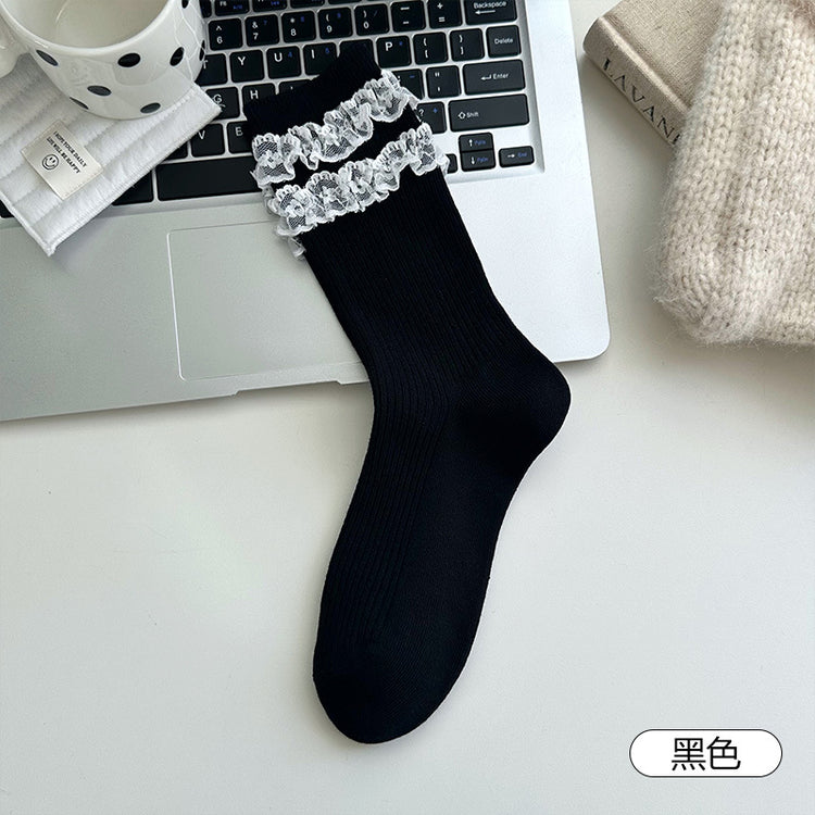 女襪|雙層蕾絲花邊襪子女竪條顯瘦彈力舒適中筒襪棉質吸汗透氣堆堆襪「XC2350」25.09-5