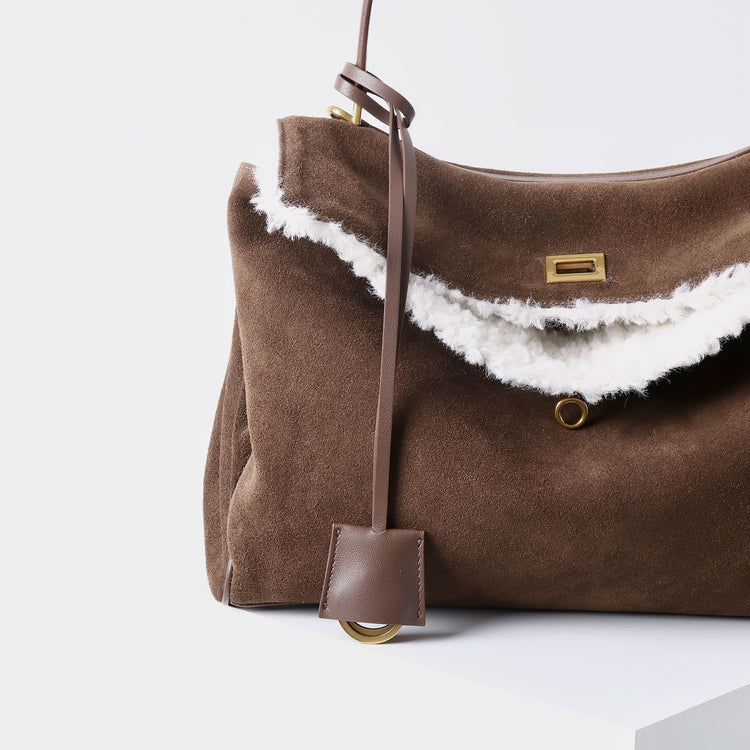 質感真皮|秋冬羊皮拼接磨砂牛皮腋下凱莉包鎖扣手提托特包通勤單肩斜挎大包「6138」24.11-4