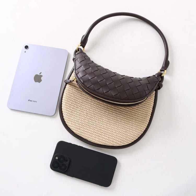 質感真皮|2025新款拉菲草編拼牛皮雙子包拼色月亮包度假單肩腋下包時尚編織包「9781-1」25.07-1