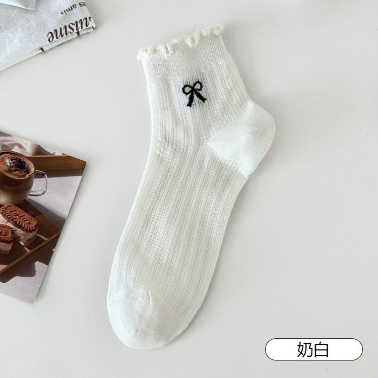 女襪|灰色蝴蝶結襪子女彈力木耳邊網眼吸汗透氣短襪親膚舒適休閒運動襪「WB0203」25.07-2