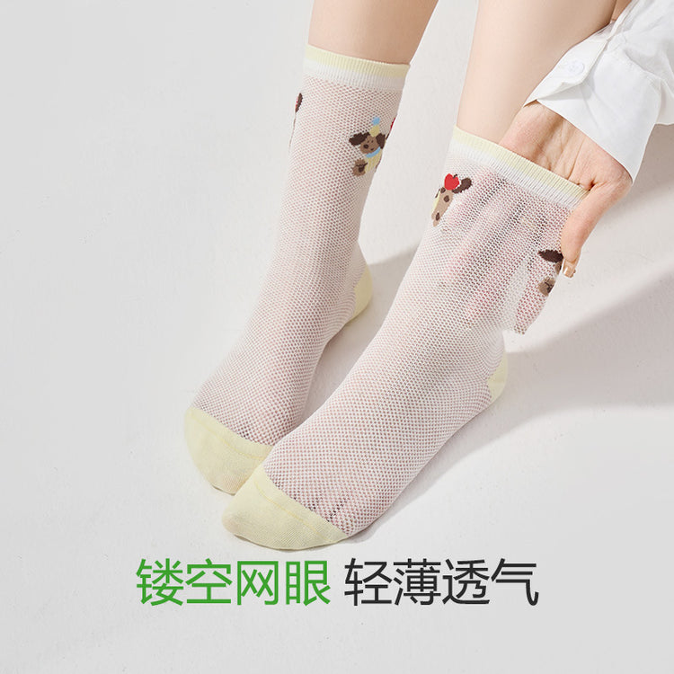 女襪|卡通圖案襪子女春夏季ins潮流薄款網眼中筒襪棉質親膚透氣堆堆襪「MS5001」25.02-3
