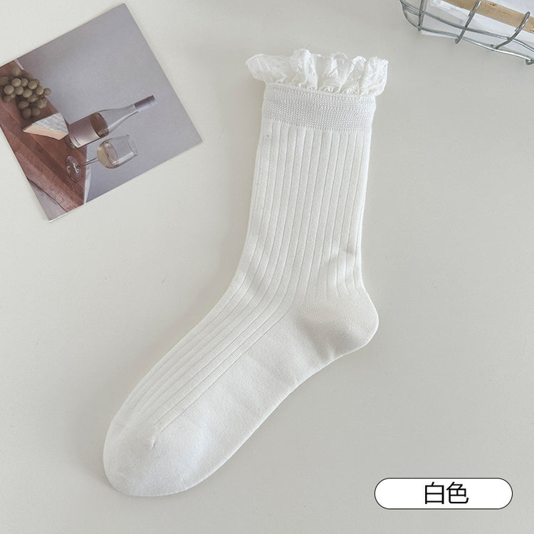 女襪|白色襪子女棉質吸汗透氣miu系花邊堆堆襪親膚舒適彈力襪子「MK5090」25.05-3