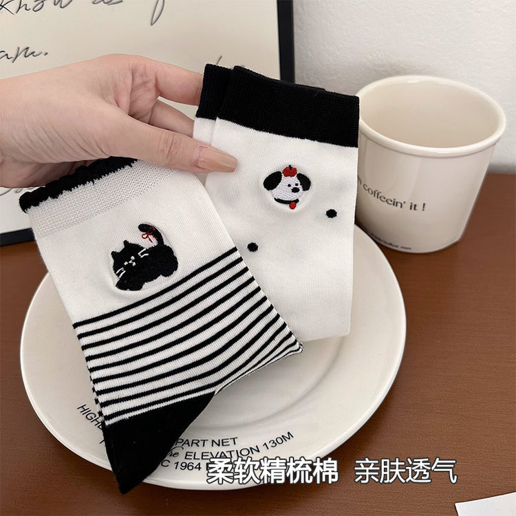 女襪|條紋撞色襪子女花邊襪口彈力舒適中筒襪棉質親膚吸汗透氣堆堆襪「W0123」25.03-3