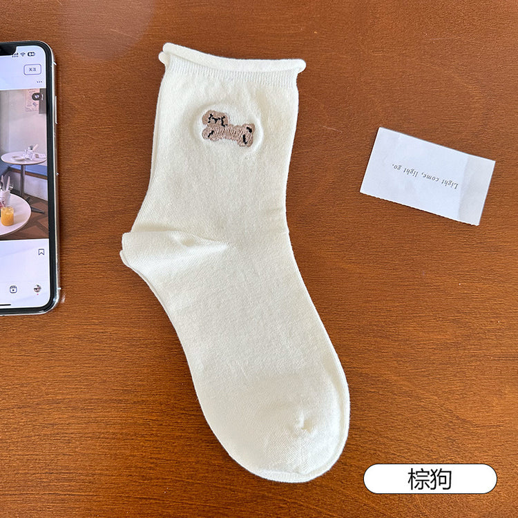 女襪|白色卡通卷邊襪子女夏季薄款ins潮刺繡中筒襪棉質吸汗透氣堆堆襪「PS0119」25.04-1
