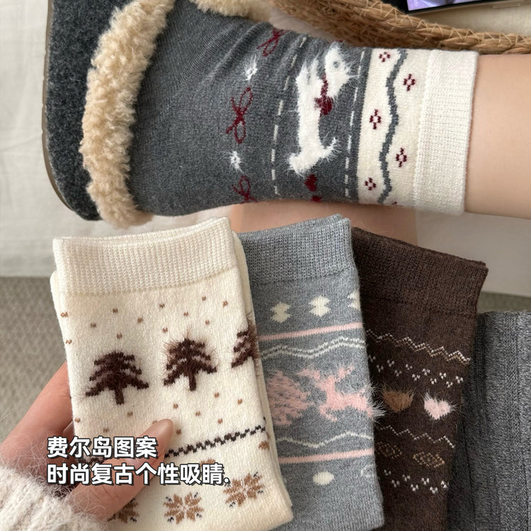 女襪|襪子女士復古費爾島加厚保暖羊毛襪ins通勤簡約彈力中筒襪「DMS5053」25.11-4