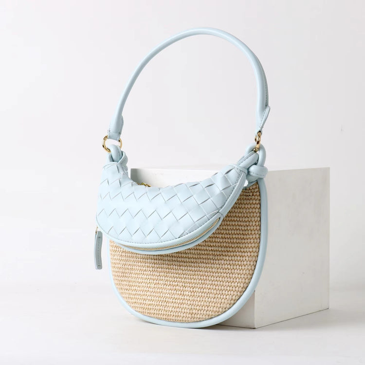 質感真皮|2025新款拉菲草編拼牛皮雙子包拼色月亮包度假單肩腋下包時尚編織包「9781-1」25.07-1