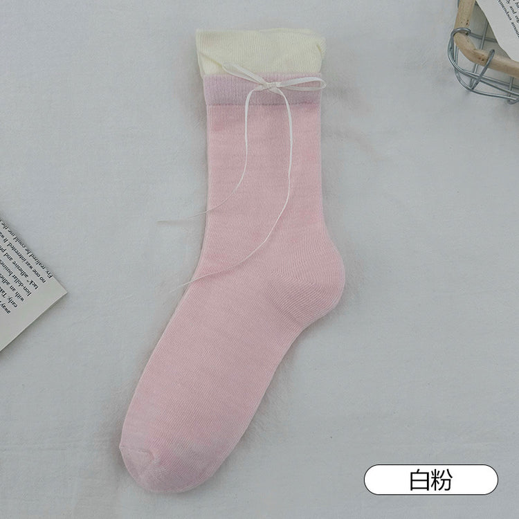 女襪|灰色堆堆襪子女彈力拼接花苞襪口中筒襪芭蕾風側邊飄帶蝴蝶結jk襪「S1205」25.04-2
