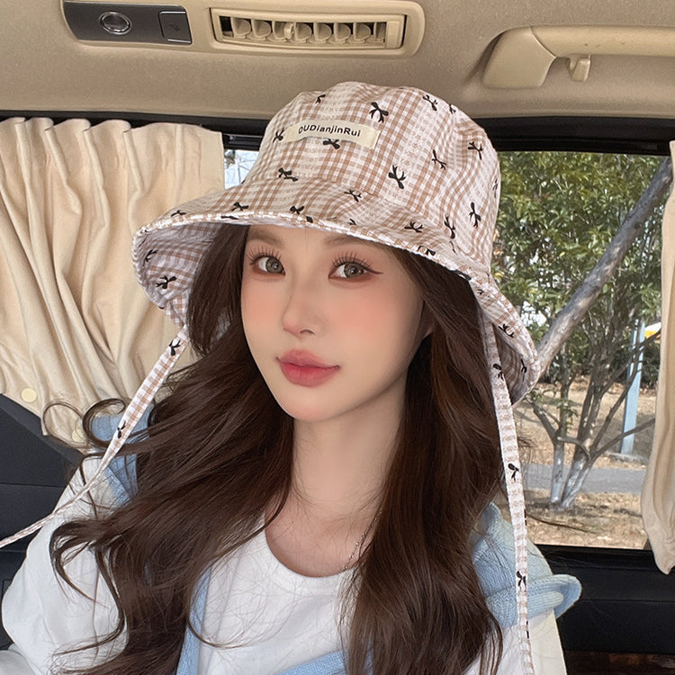 流行帽子|大檐蝴蝶結漁夫帽女夏季百搭系帶顯臉小遮陽帽韓系格子防曬太陽帽「C5055」25.03-1