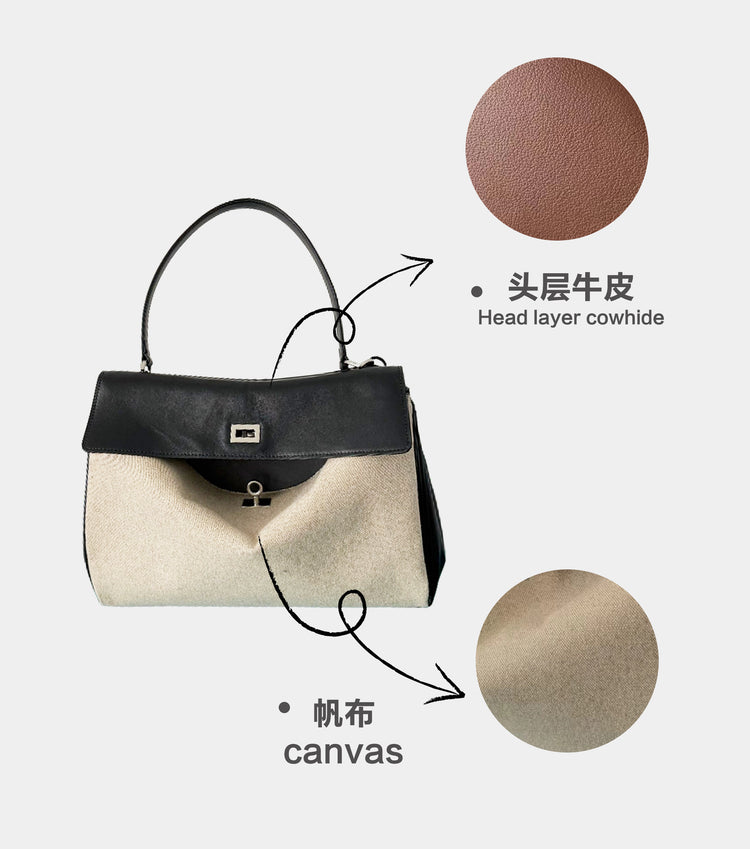 質感真皮|2024新款高級感大容量帆布拼皮手提單肩包時尚潮流通勤拼接鎖扣手提包「2328」24.07-5