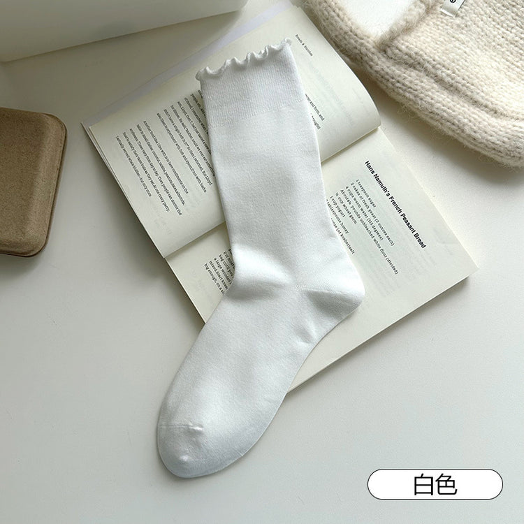女襪|純色襪子女彈力木耳邊親膚舒適堆堆襪棉質吸汗透氣抑菌防臭中筒襪「DS1153」25.09-3
