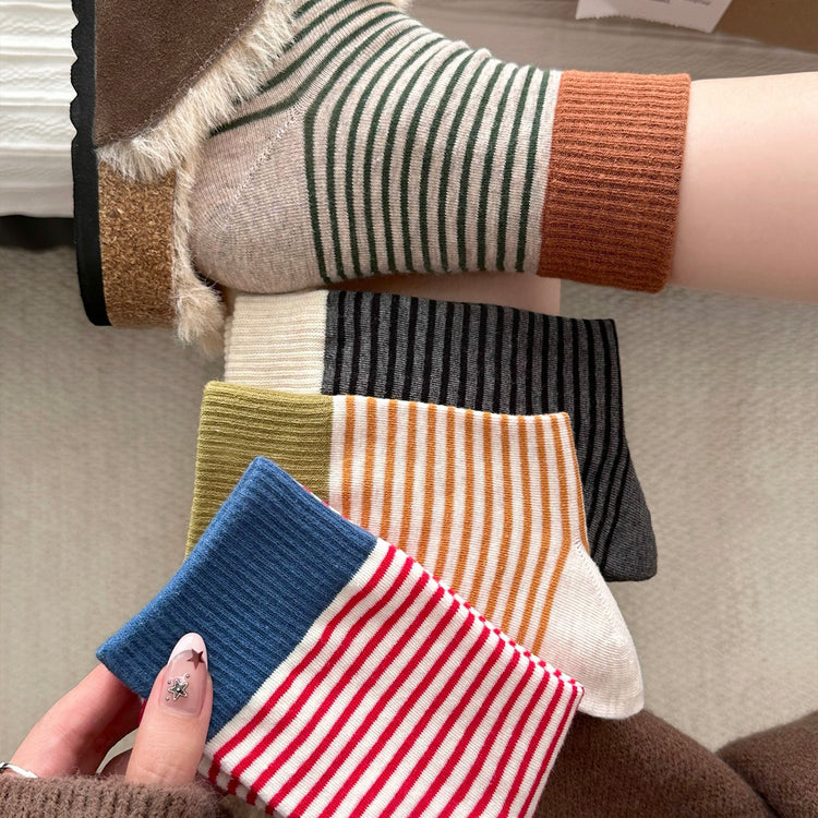 女襪|撞色復古條紋襪子女棉質吸汗透氣彈力中筒襪親膚舒適好搭堆堆襪「B24107」25.10-3
