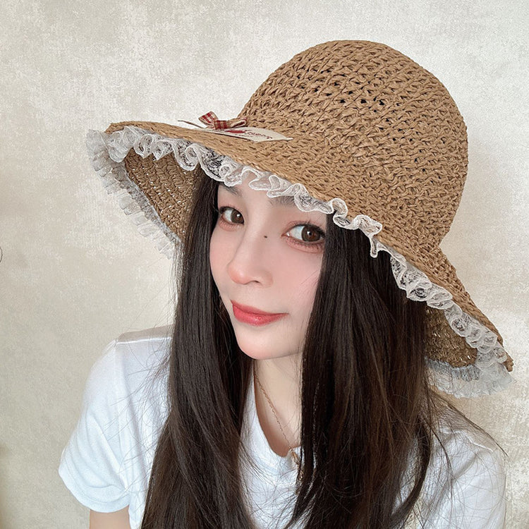 流行帽子|蕾絲邊蝴蝶結鏤空草帽女士夏季海邊度假沙灘太陽帽透氣防曬遮陽帽「C5024」25.02-3