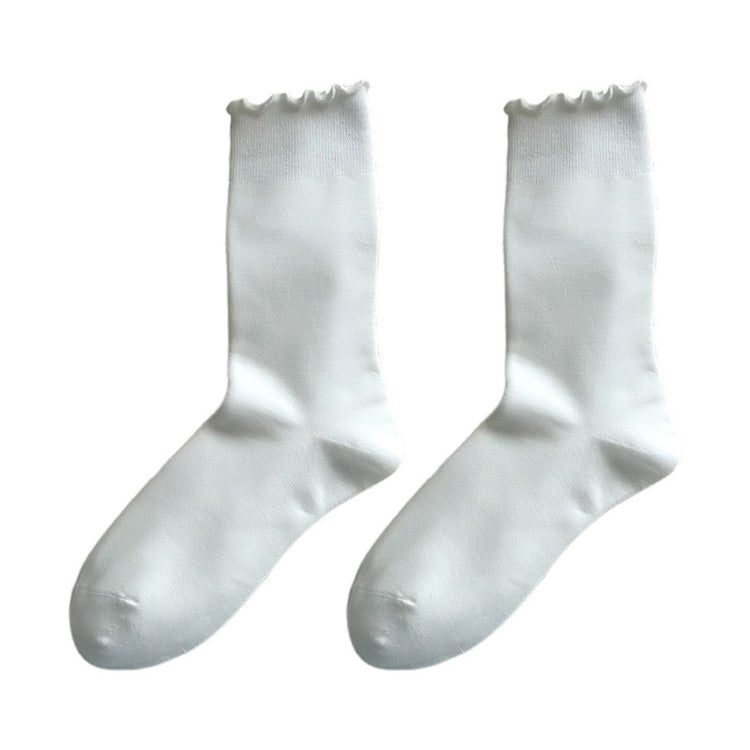 女襪|純色襪子女彈力木耳邊親膚舒適堆堆襪棉質吸汗透氣抑菌防臭中筒襪「DS1153」25.09-3