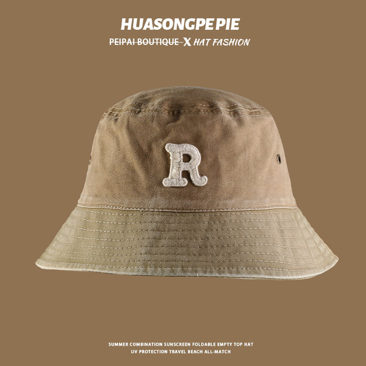 流行帽子|大沿遮陽帽水洗棉R字母刺繡簡約百搭漁夫帽出遊帽子防曬帽夏季女「C4032」24.06-1