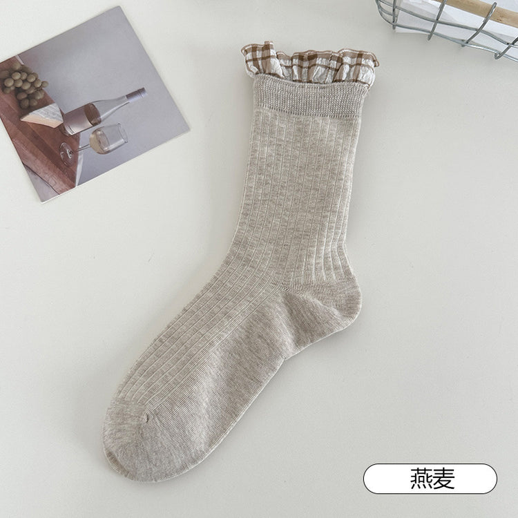 女襪|白色襪子女棉質吸汗透氣miu系花邊堆堆襪親膚舒適彈力襪子「MK5090」25.05-3