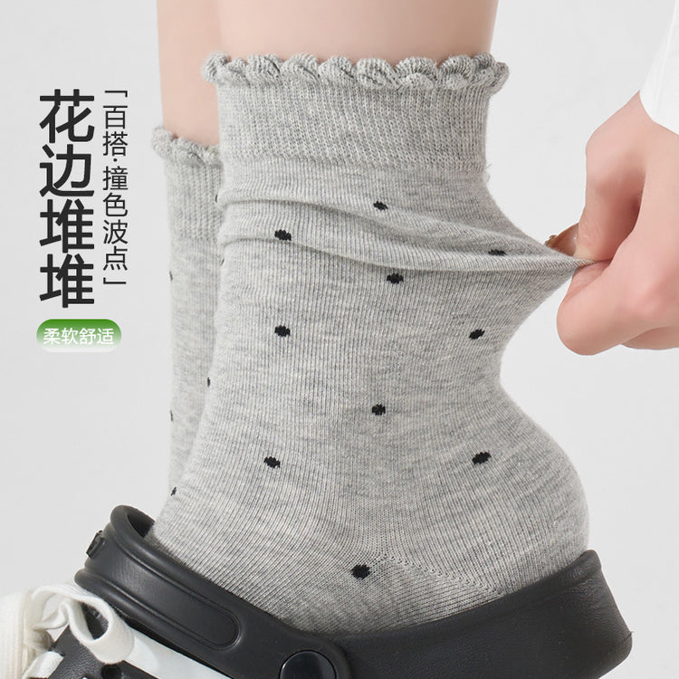 女襪|灰色堆堆襪子女撞色波點彈性花邊羅口中筒襪棉質吸汗透氣休閒襪「YS25803」25.02-2
