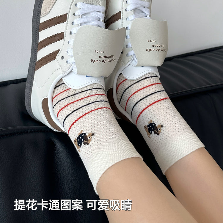 女襪|卡通圖案襪子女夏季薄款網眼透氣中筒襪吸濕排汗通勤簡約堆堆襪「MK5072」25.05-3