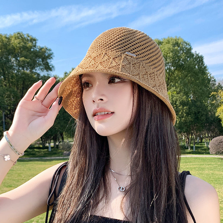 流行帽子|編織帽子女夏鏤空透氣顯臉小遮陽漁夫帽防曬水桶帽出遊韓版遮陽帽「C5143」25.04-1