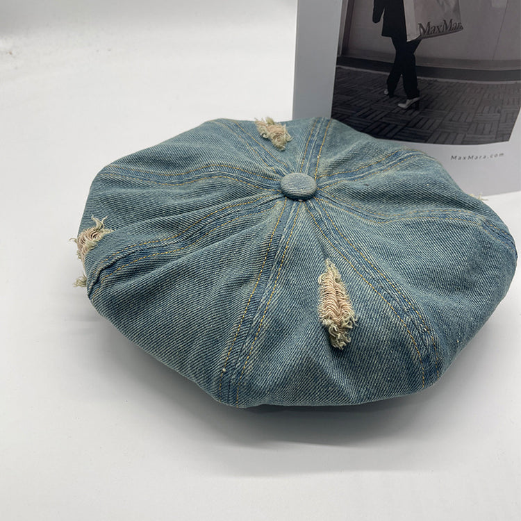 流行帽子 | 牛仔破洞貝雷帽女春夏季新款百搭雲朵帽復古水洗做舊顯臉小八角帽「C3680」24.02-2