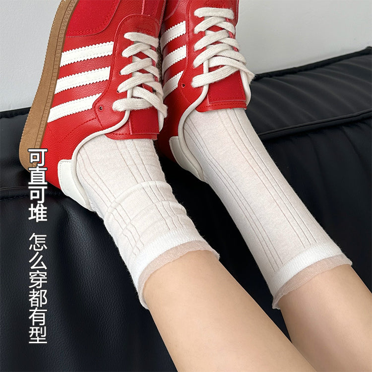 女襪|白色襪子女夏季薄款鏤空網眼透氣中筒襪ins潮無骨吸汗花邊堆堆襪「PQ25636」25.04-5