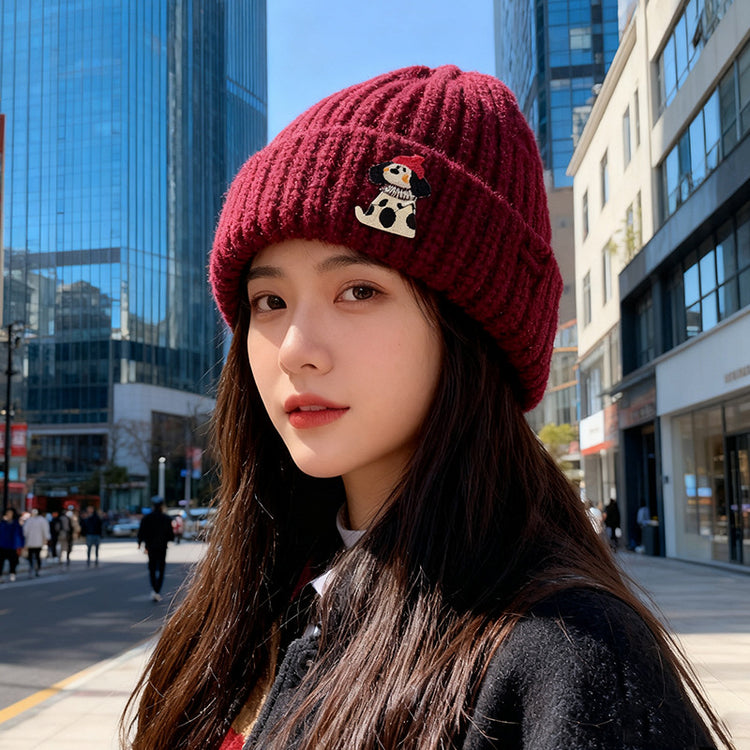 流行帽子|韓版小狗貼布破洞帽子女秋冬季加厚保暖毛線帽可愛針織護耳包頭帽「C5756」25.11-1