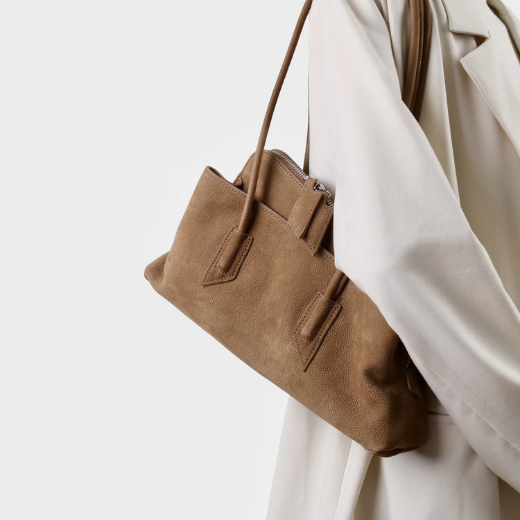 質感真皮|2025新款頭層麂皮不規則斜頂手提托特包磨砂荔枝牛皮腋下包「6163-S」25.10-1