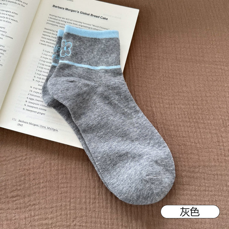 女襪|刺繡襪子女棉質吸汗透氣抗起球短襪彈力無骨ins潮學院風運動襪「20213」25.06-3