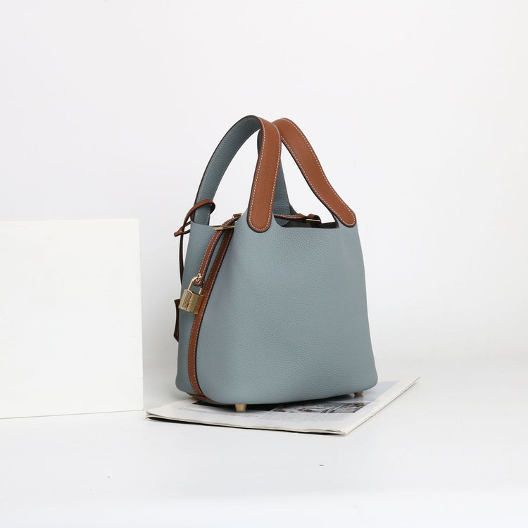 質感真皮|togo頭層牛皮拼接菜籃2024年新款時尚軟牛皮水桶包手提手拎包「226#」24.10-3