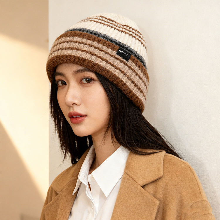 流行帽子|韓版ins條紋拼色帽子女秋冬保暖針織毛線帽男顯臉小戶外堆堆冷帽「C5865」25.11-4