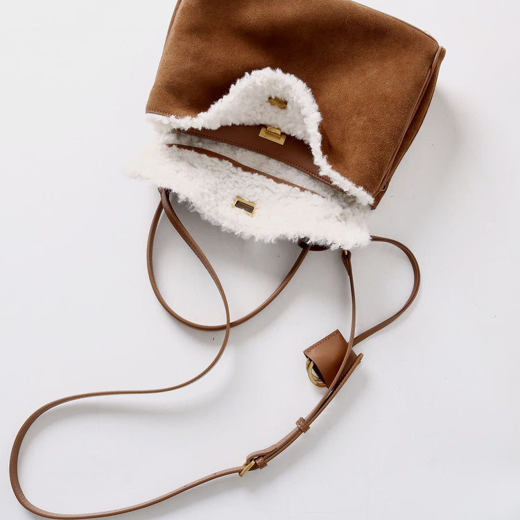 質感真皮|秋冬羊皮拼接磨砂牛皮腋下凱莉包鎖扣手提托特包通勤單肩斜挎大包「6138」24.11-4