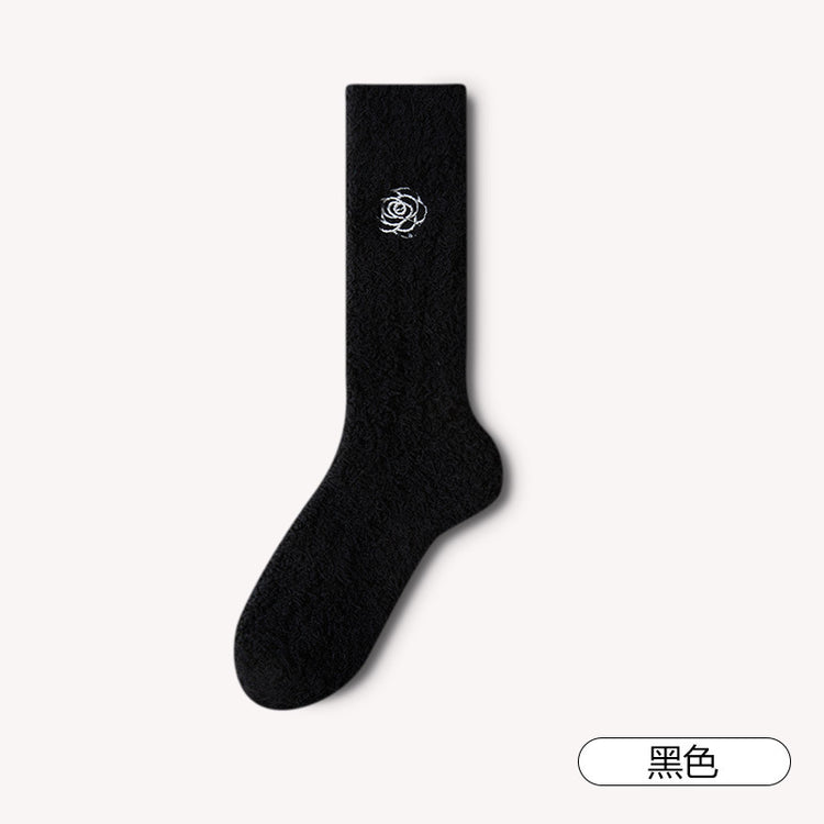 女襪|白色刺繡襪子女秋冬蓄熱鎖溫加絨加厚睡眠襪彈力軟糯親膚珊瑚絨襪「AD2388」24.12-1