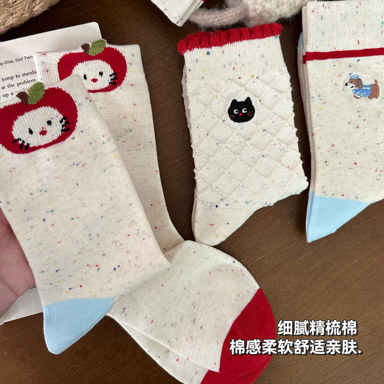女襪|韓系少女卡通襪子女點子紗彈力親膚舒適中筒襪棉質吸汗透氣堆堆襪「TM3726」25.10-3