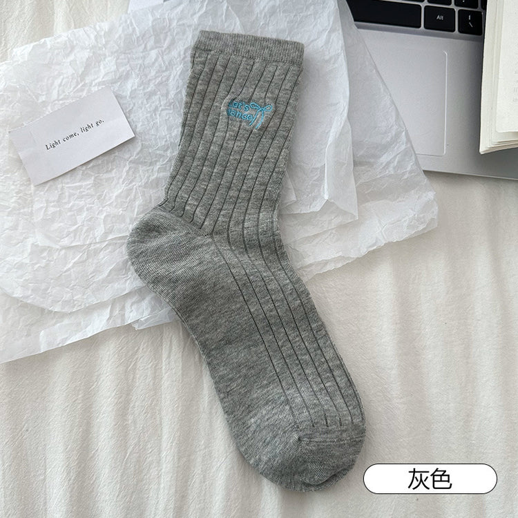 女襪|灰色堆堆襪子女春夏季薄款字母刺繡彈力中筒襪棉質吸汗透氣堆堆襪「W0116」25.03-4
