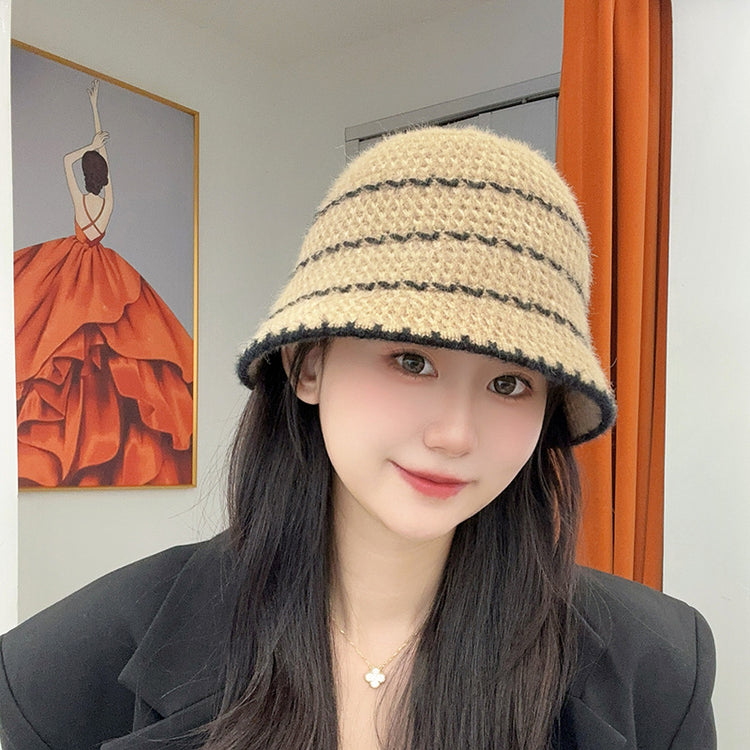 流行帽子|秋冬針織漁夫帽女條紋百搭顯臉小防寒護耳帽簡約休閒編織水桶帽子「C4348」24.08-4