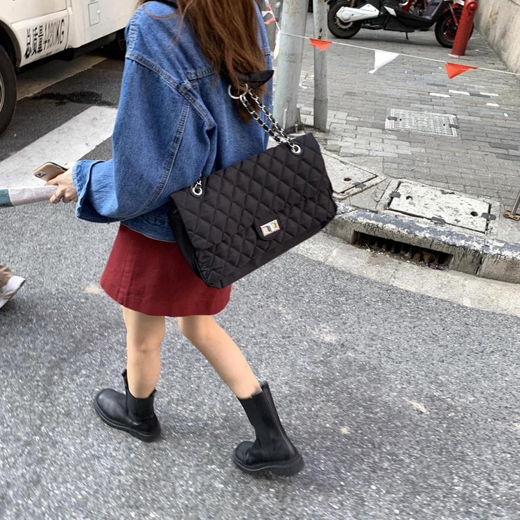日韓流行 | 包包新款2025網紅大包小香風菱格鏈條包大容量尼龍斜背包單肩包「9095#」25.02-2