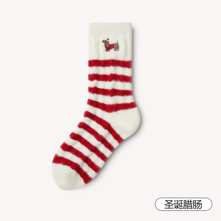 女襪|加絨加厚襪子女秋冬季蓄熱保暖澳絨中筒襪親膚舒適卡通可愛聖誕襪「H5529」24.12-3