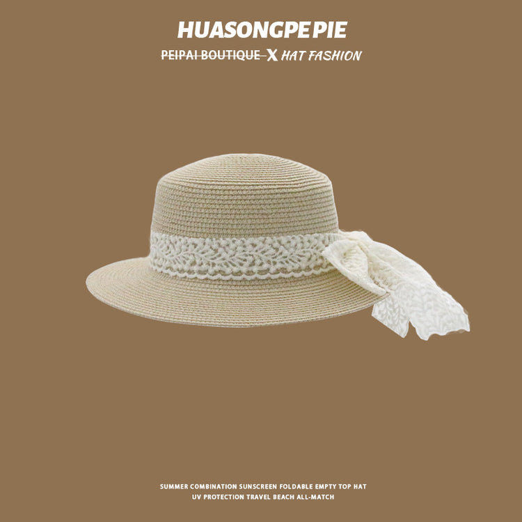 流行帽子|帽子女夏季新款防曬帽日系純色草編蕾絲蝴蝶結草帽出遊百搭遮臉帽「C3986」24.06-4