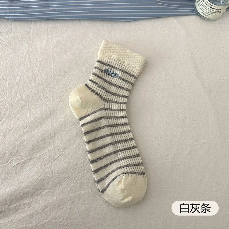 女襪|條紋襪子女棉質親膚舒適ins潮彈力中筒春夏季薄款吸濕透氣堆堆襪「MK5076」25.02-3