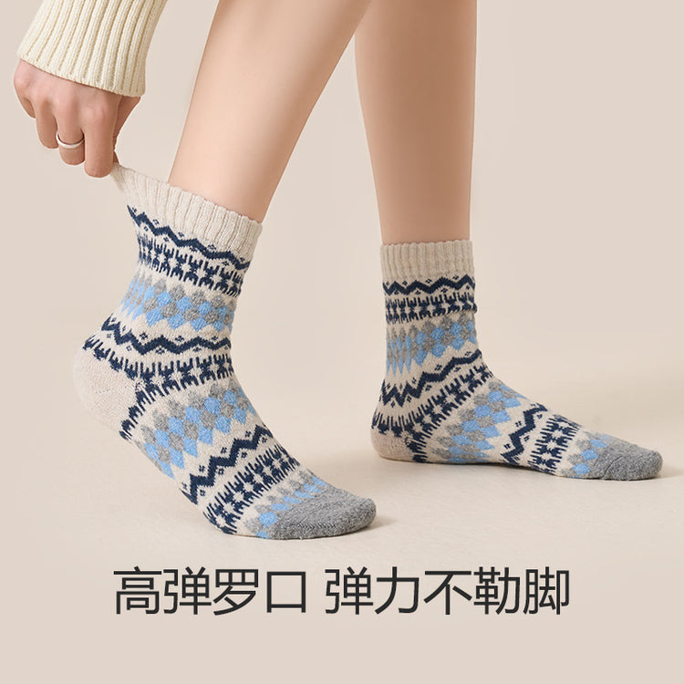 女襪|費爾島羊毛襪子女秋冬季加厚保暖中筒襪文藝復古菱格好搭堆堆襪「TM3721」25.01-2