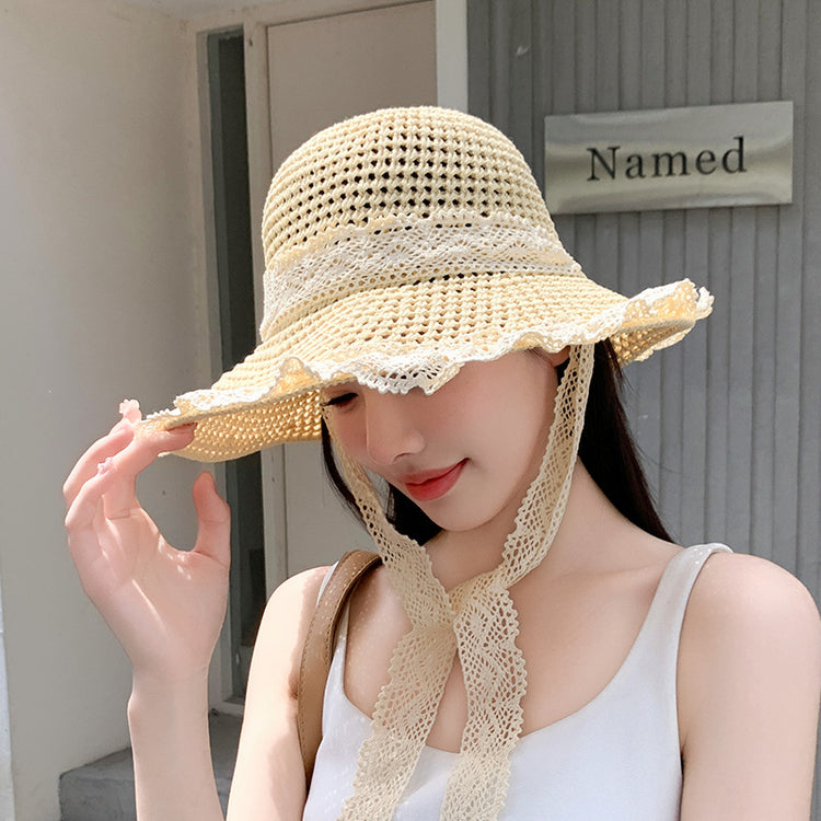 流行帽子|蕾絲系帶草帽夏季女帽子防曬學生戶外遮陽帽綁帶沙灘彩虹太陽帽子「C3929」24.05-2