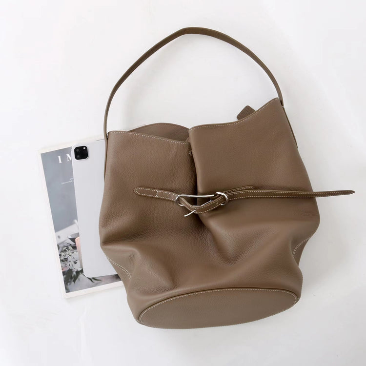 質感真皮|2025新頭層牛皮托特包hobo腋下包皮帶裝飾餃子水桶包百搭單肩包「6185」25.11-2
