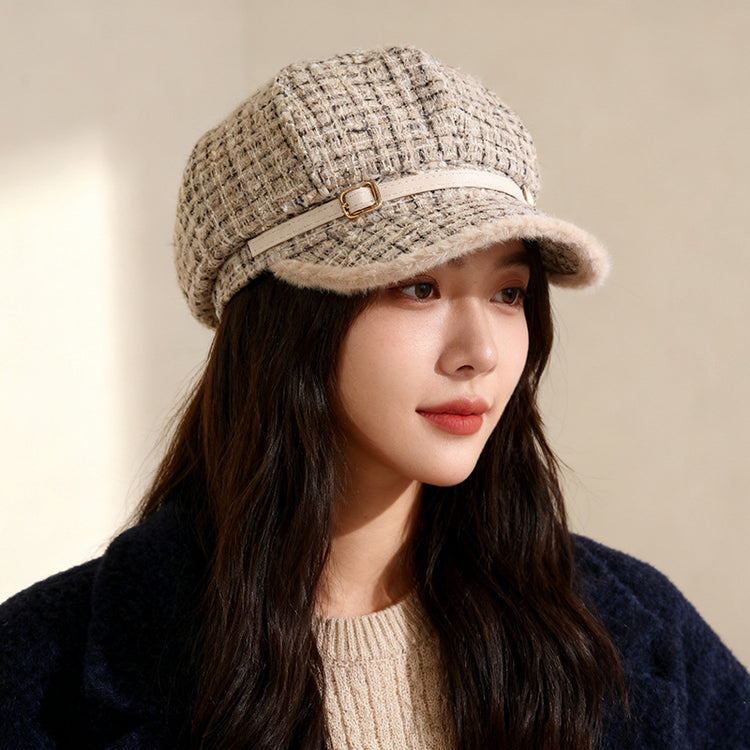 流行帽子|小香風格子毛絨帽子女秋冬保暖顯臉小八角帽大頭圍日系鴨舌貝雷帽「C5840」25.11-3