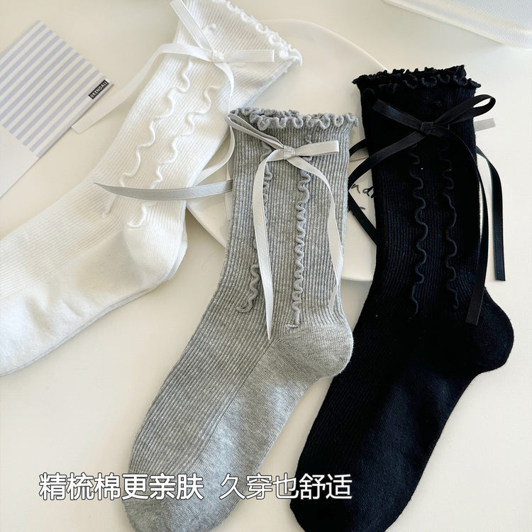 女襪|miu系蝴蝶結襪子女棉質吸汗透氣彈力中筒襪親膚舒適木耳邊堆堆襪「CX673」25.08-4