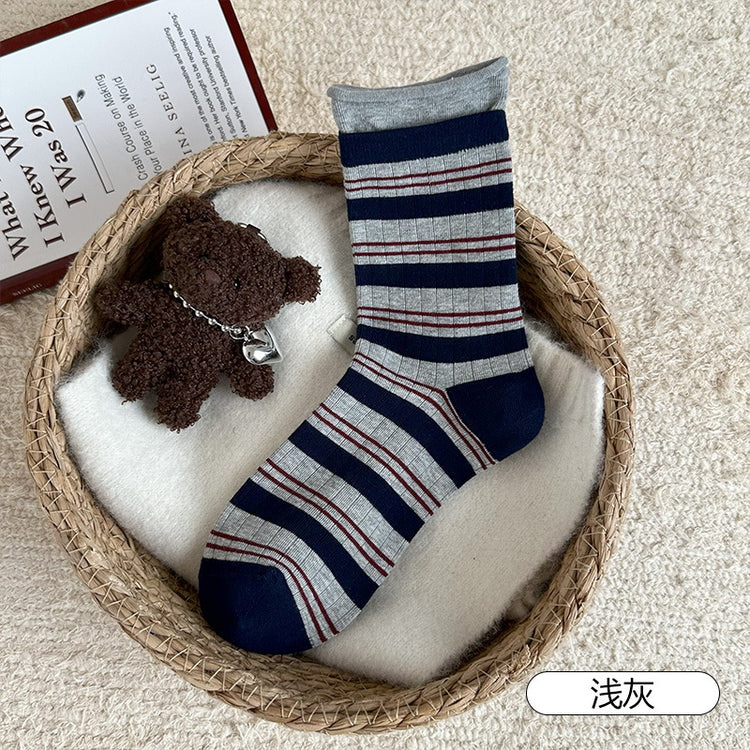 女襪|撞色雙羅口襪子女彈力無骨卷邊條紋堆堆襪棉質吸汗透氣防臭中筒襪「CX802」25.09-3
