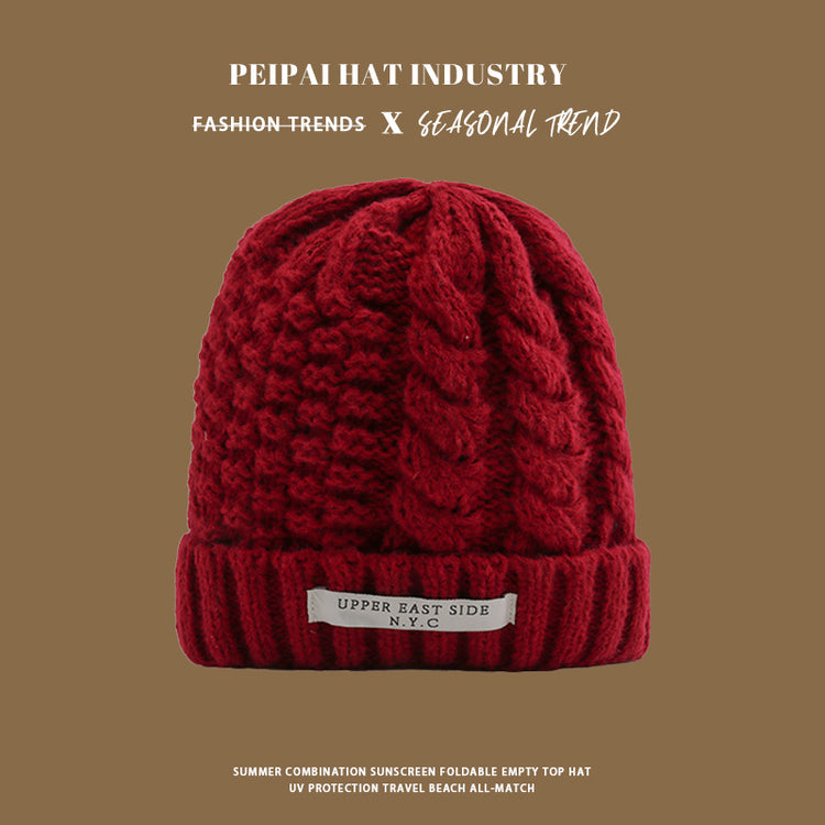 流行帽子|麻花針織帽冬天韓版百搭保暖護耳毛線帽防寒套頭帽NYC字母帽子女「C1431」25.01-1