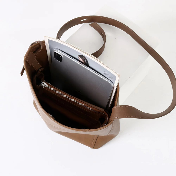 質感真皮|2025新款大容量牛皮拼接質感通勤子母包時尚百搭單肩腋下水桶包女「7056」25.09-3