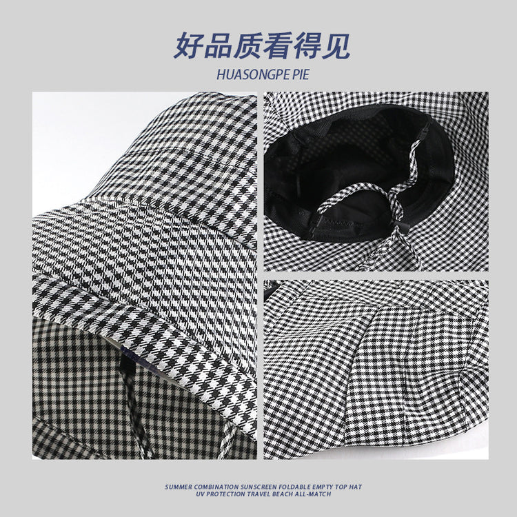 流行帽子|大帽檐漁夫帽女夏季千鳥格時尚盆帽顯臉小戶外防紫外線沙灘太陽帽「C4145」24.07-2