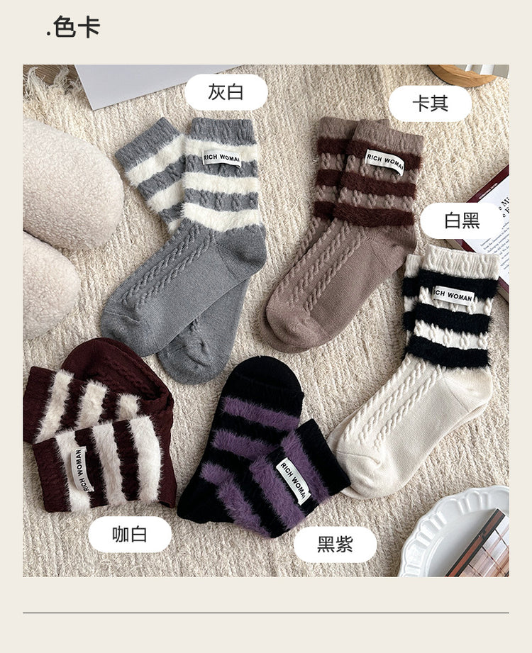 女襪|美拉德條紋羊毛襪秋冬加絨加厚保暖中筒襪時尚布標ins潮流睡眠襪「MK4225」24.11-1