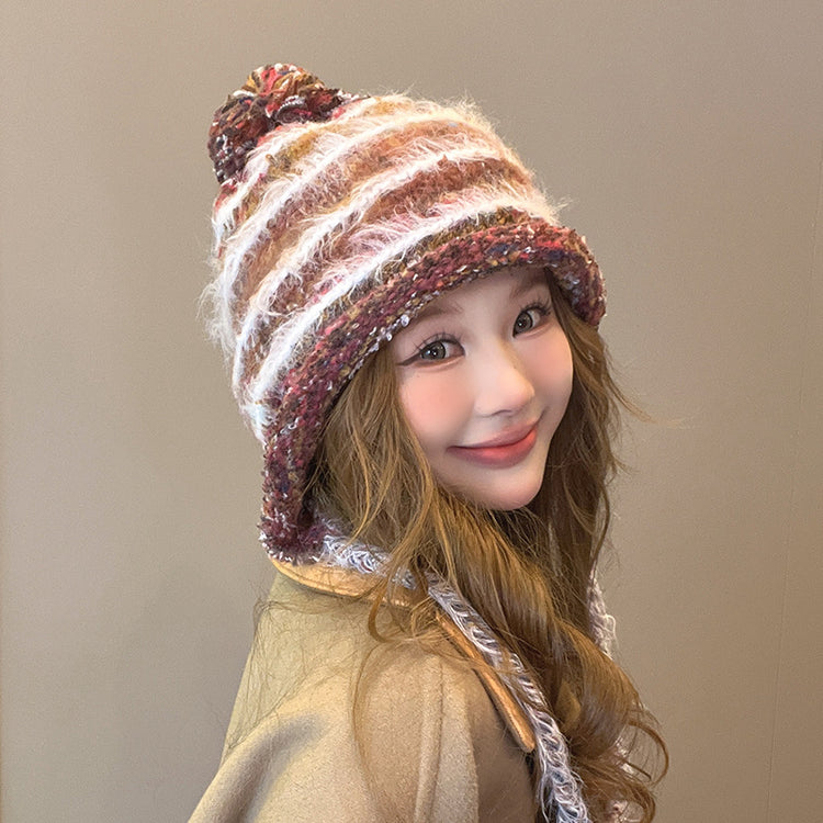 流行帽子|彩色流蘇毛球針織帽冬季可愛辮子保暖護耳帽百搭包頭帽騎行套頭帽「C4555」24.09-4